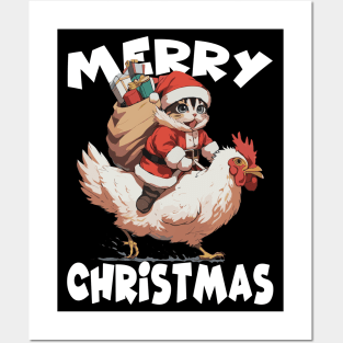 Merry Christmas, Funny Cute Cat on a Chicken Posters and Art